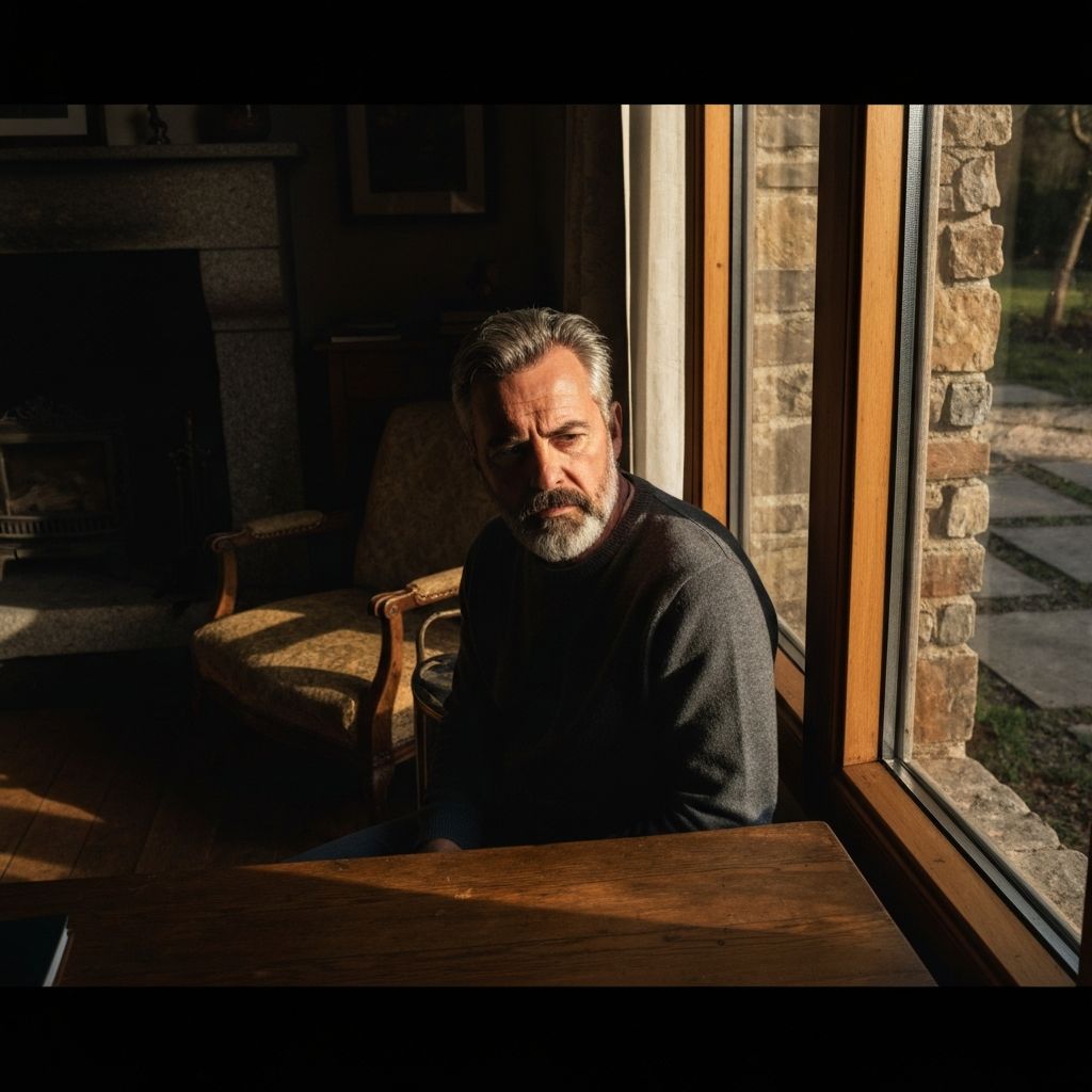 Мушкарац у размишљању cerca прозора са топлом светлошћу